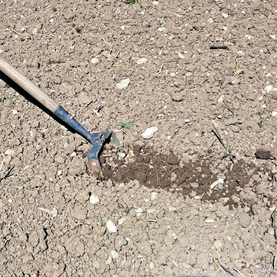 die Pendel-Hacke im Boden hin und her bewegen; bitte NICHT damit hacken und auch nicht von oben Druck auf den Stiel ausüben, da ansonsten das Pendelstück bzw. der Stiel bricht